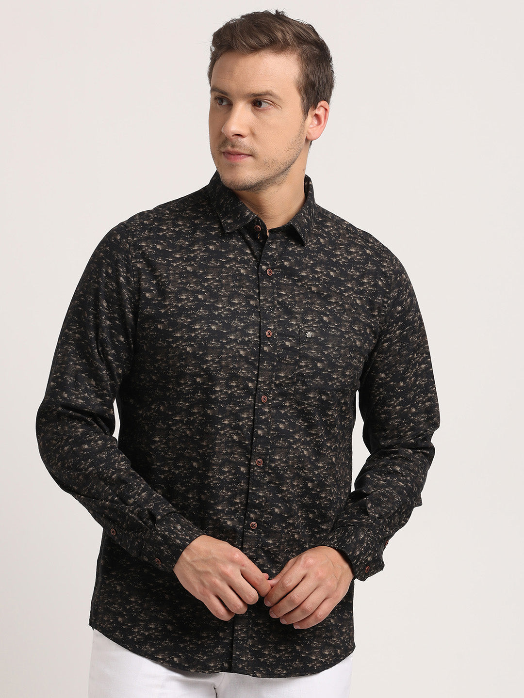 Cotton Linen Black Printed Slim Fit Full Sleeve Casual Shirt