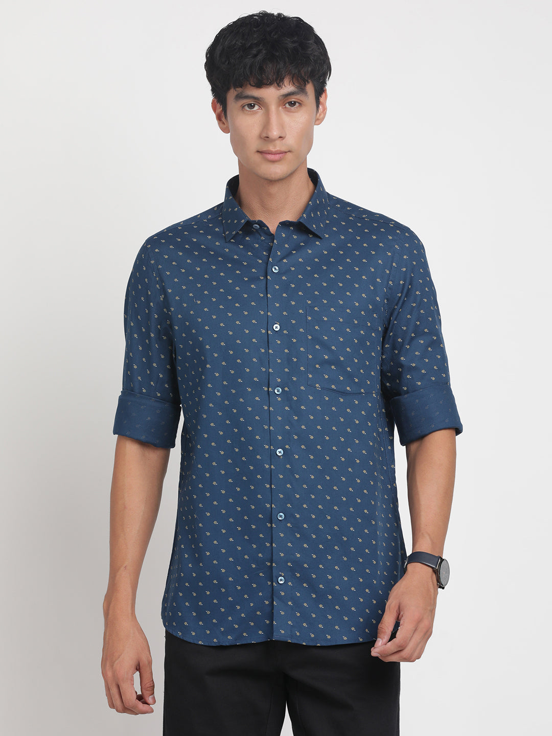 100% Cotton Blue Printed Slim Fit Full Sleeve Formal Shirt