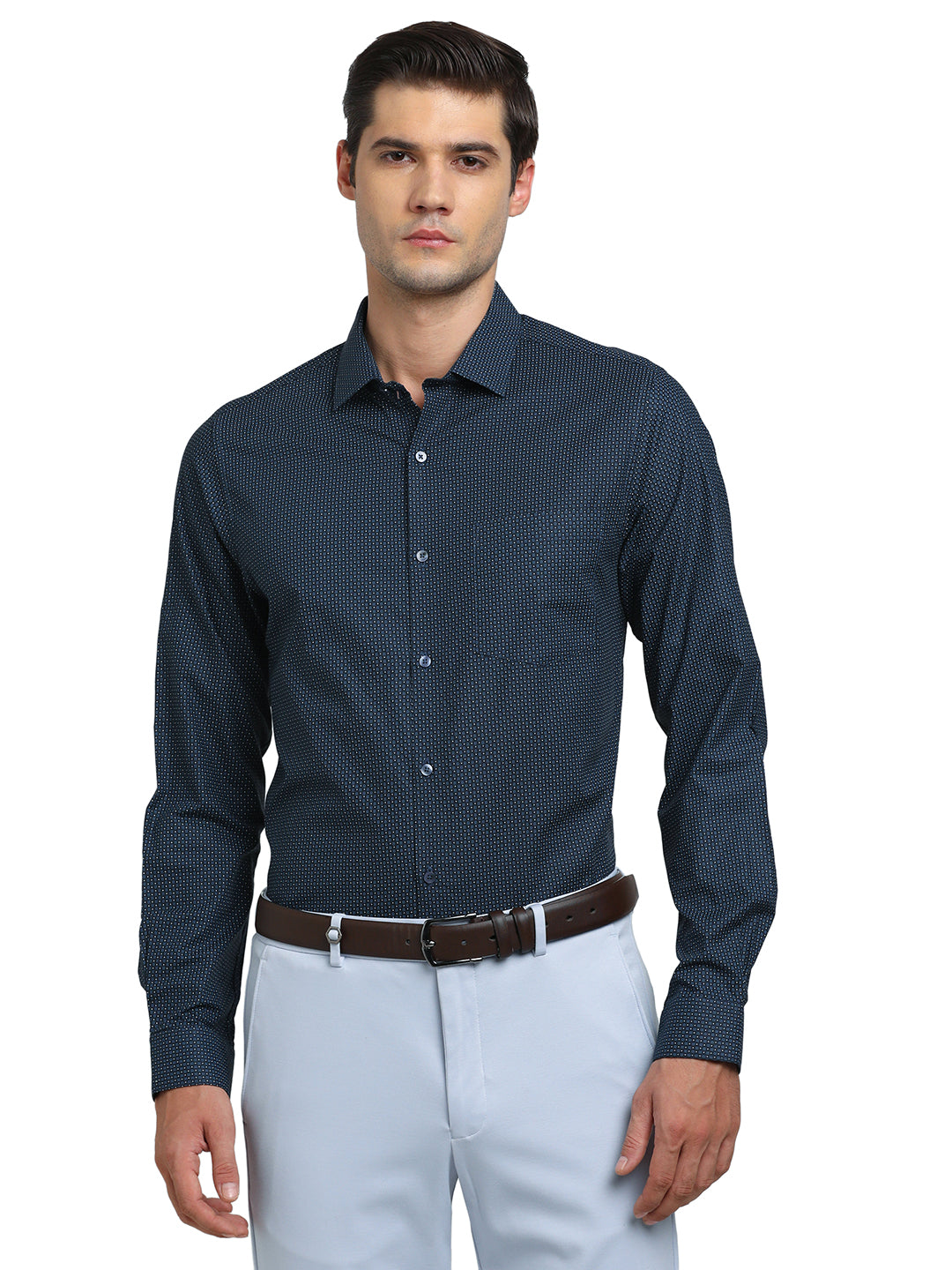 100% Cotton Dark Blue Printed Slim Fit Full Sleeve Formal Shirt