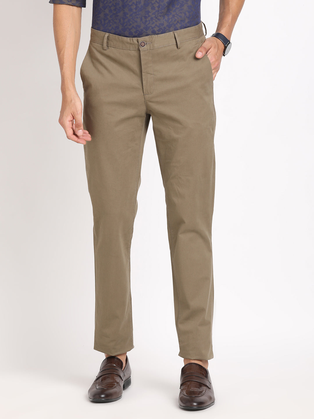 Cotton Stretch Brown Plain Ultra Slim Fit Flat Front Casual Trouser