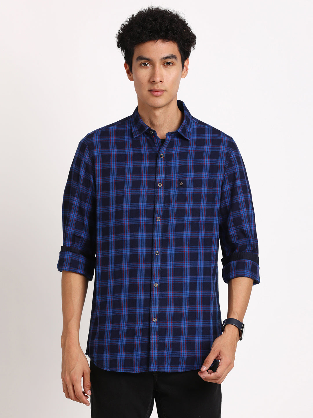 100% Cotton Indigo Royal Blue Checkered Slim Fit Full Sleeve Casual Shirt