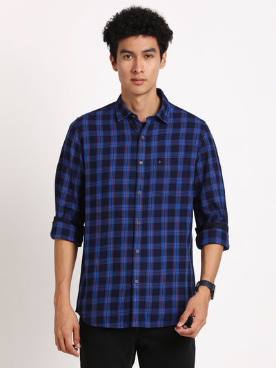 100% Cotton Indigo Royal Blue Checkered Slim Fit Full Sleeve Casual Shirt