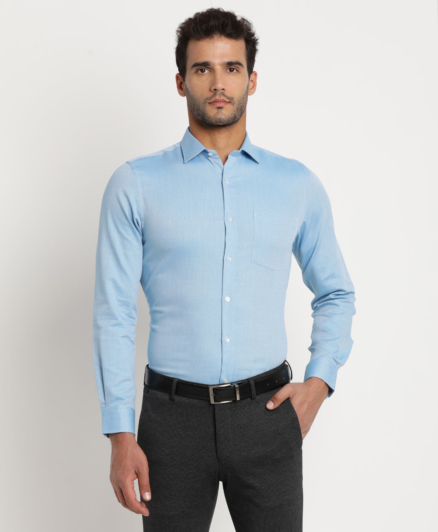 100% Cotton Blue Dobby Slim Fit Full Sleeve Formal Shirt