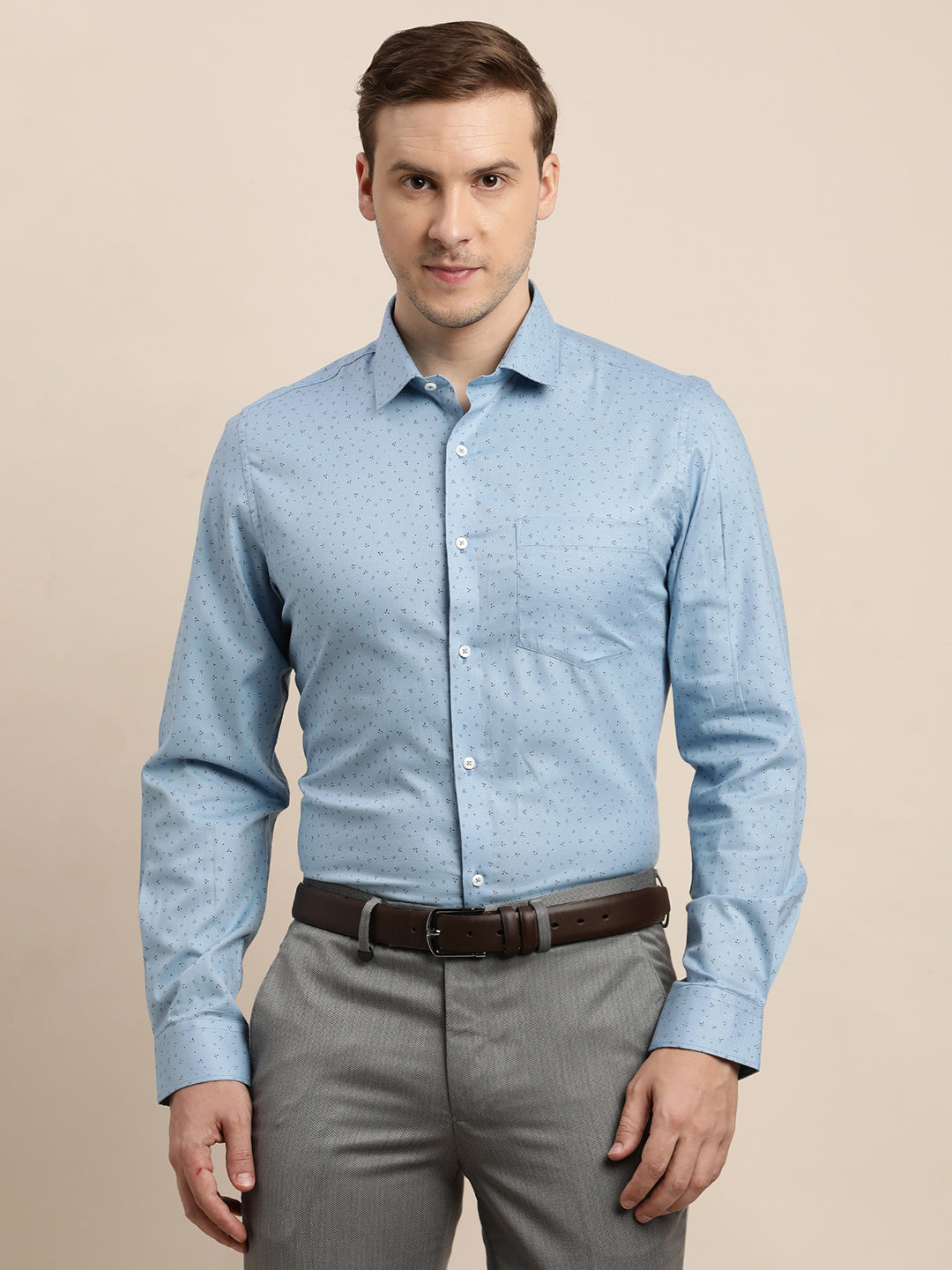 100% Cotton Light Blue Printed Slim Fit Full Sleeve Formal Shirt