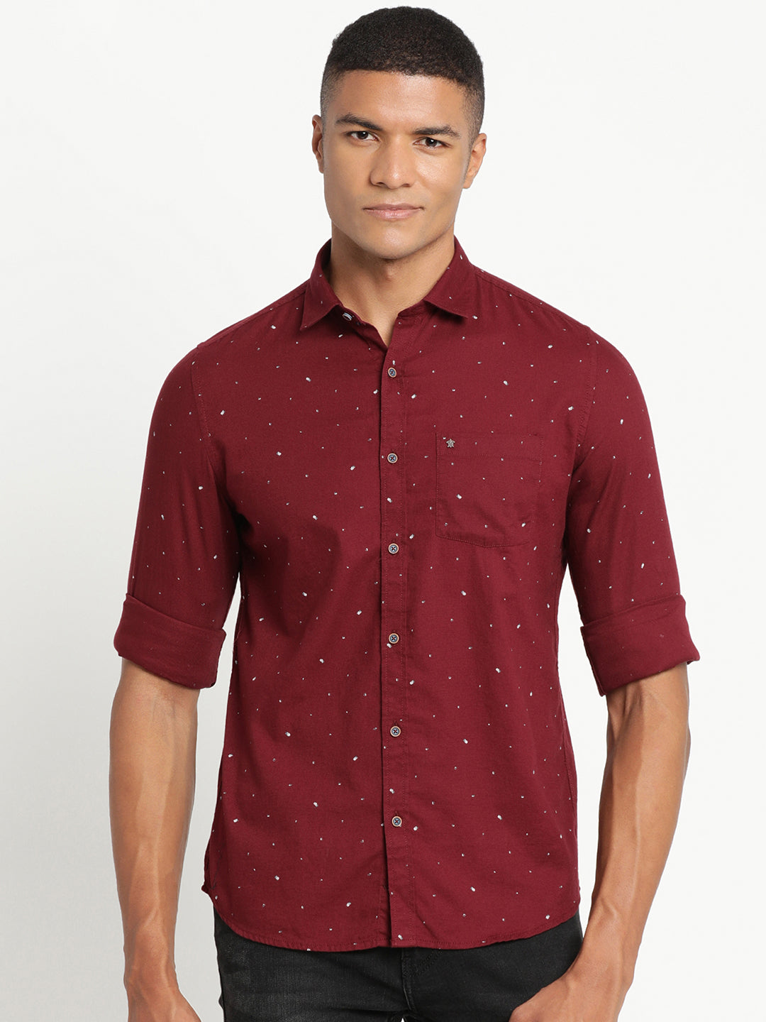 100% Cotton Maroon Printed Slim Fit Full Sleeve Casual Shirt