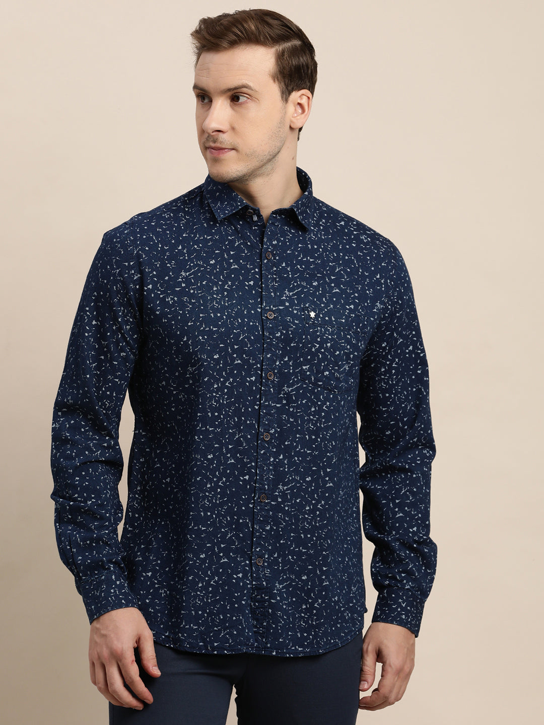 100% Cotton Indigo Blue Printed Slim Fit Full Sleeve Casual Shirt