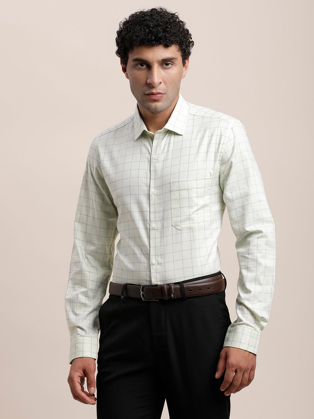 100% Cotton Light Green Checkered Slim Fit Full Sleeve Formal Shirt