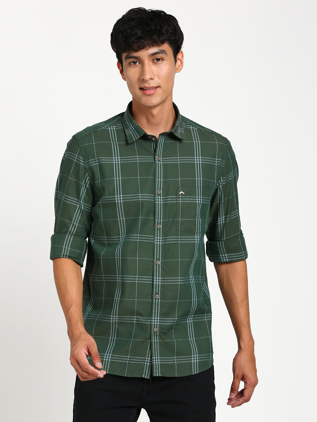 100% Cotton Green Checkered Slim Fit Full Sleeve Casual Shirt