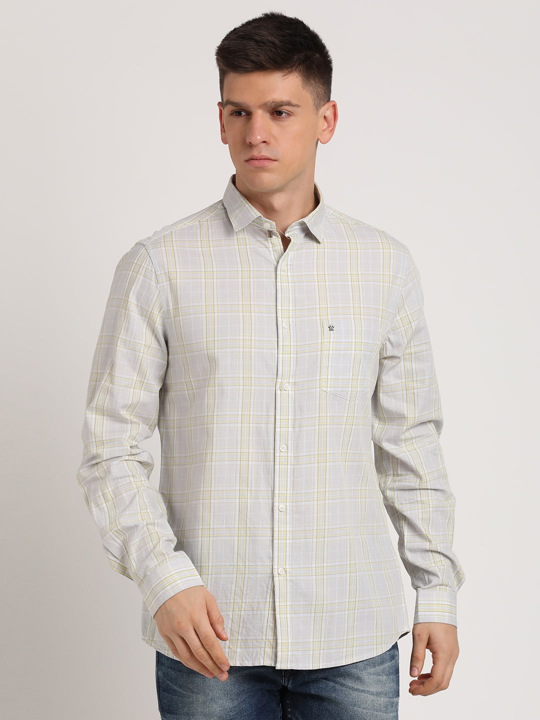 100% Cotton Grey Checkered Slim Fit Full Sleeve Casual Shirt