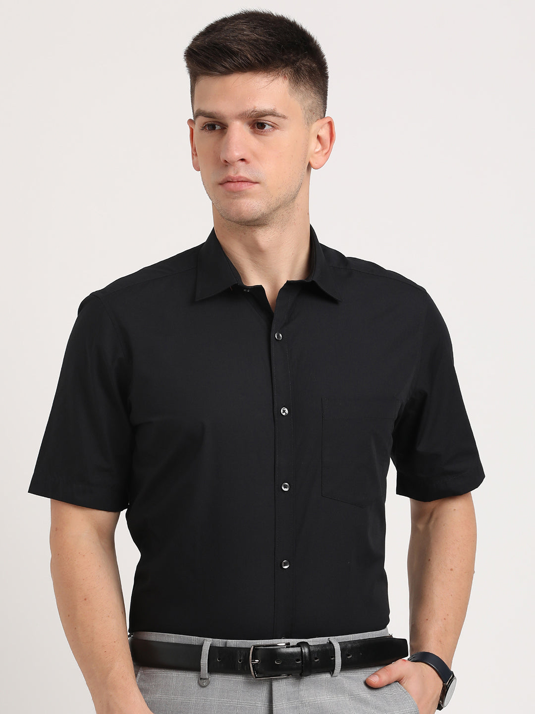 100% Cotton Black Plain Regular Fit Half Sleeve Formal Shirt