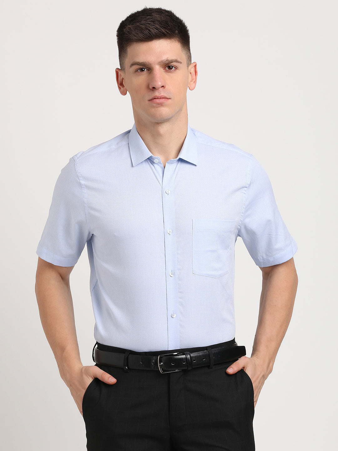 Giza Cotton Light Blue Dobby Slim Fit Half Sleeve Formal Shirt