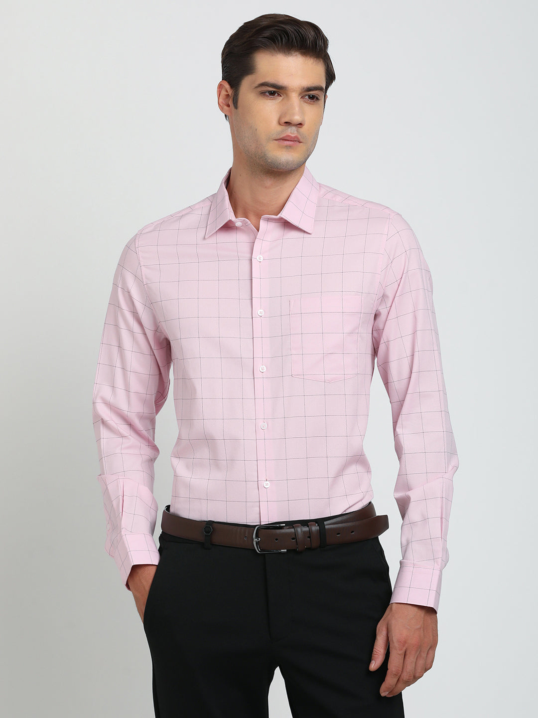 100% Cotton Pink Checkered Slim Fit Full Sleeve Formal Shirt