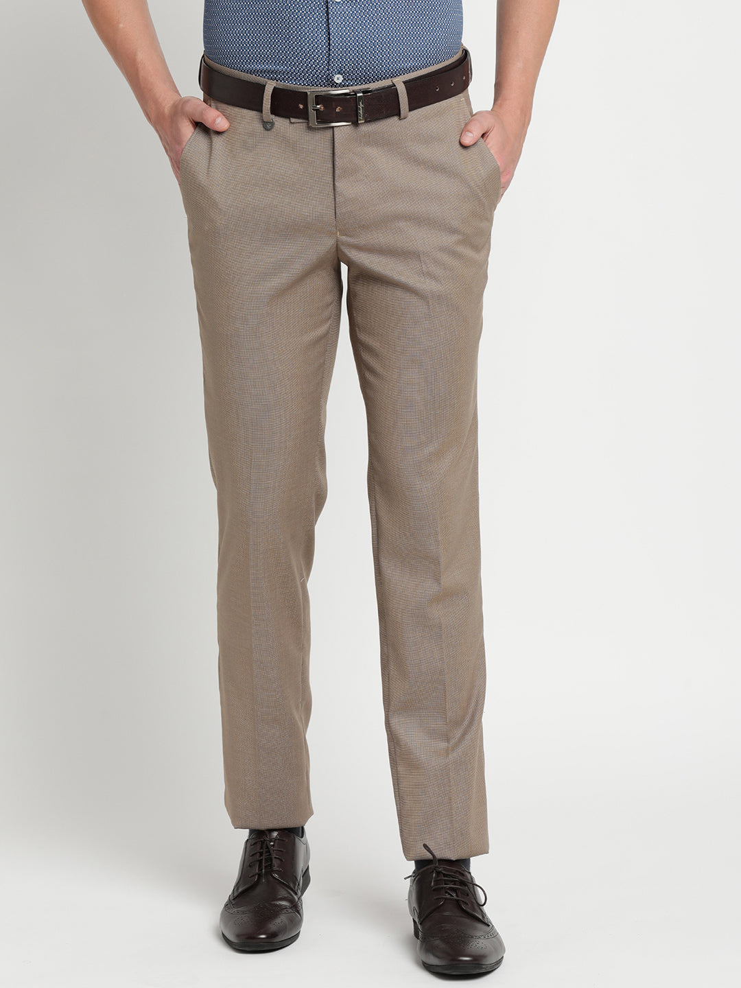 Terry Rayon Khaki Plain Slim Fit Flat Front Formal Trouser