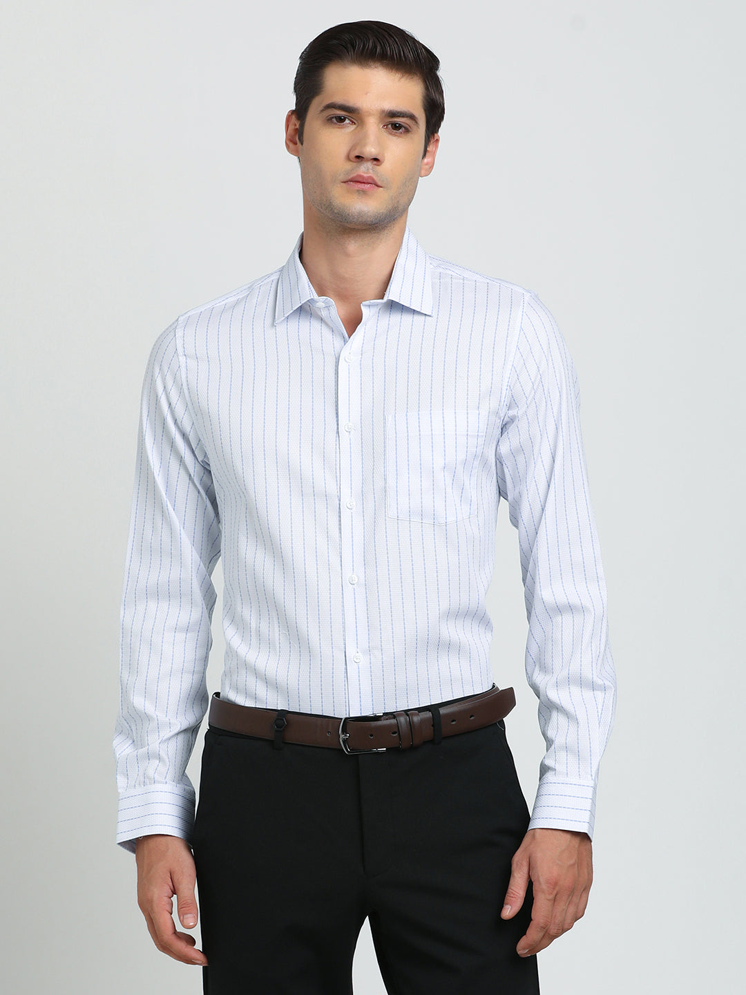 100% Cotton White Striped Slim Fit Full Sleeve Formal Shirt