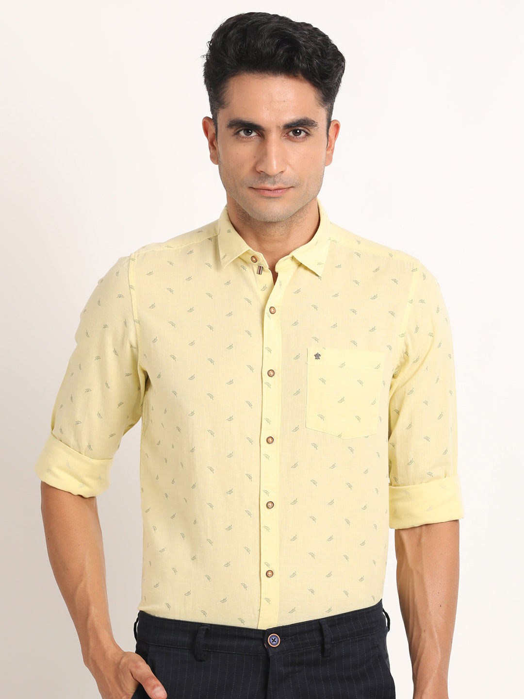 Cotton Linen Light Yellow Printed Slim Fit Full Sleeve Casual Shirt