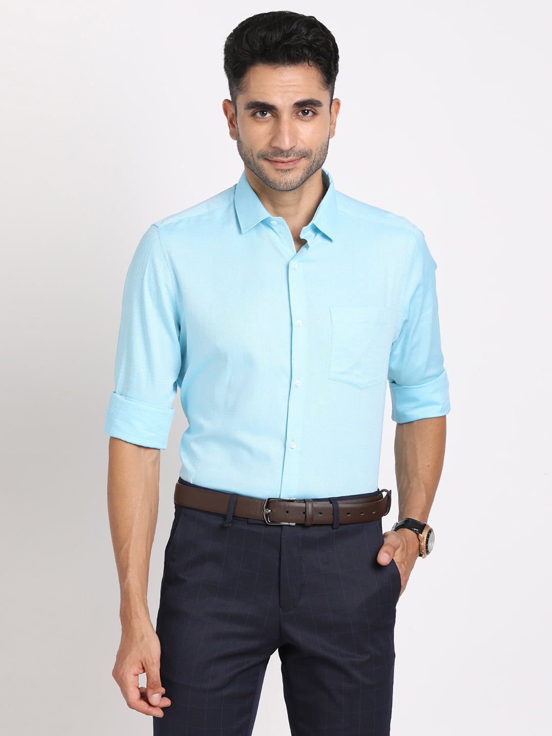 100% Cotton Sky Blue Dobby Regular Fit Full Sleeve Formal Shirt