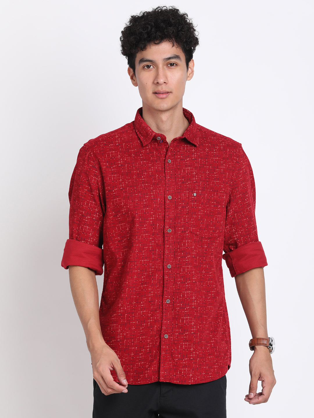 100% Cotton Red Printed Slim Fit Full Sleeve Casual Shirt