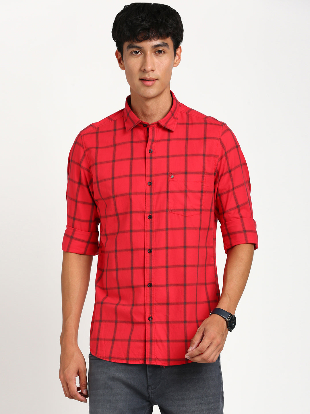 100% Cotton Red Checkered Slim Fit Full Sleeve Casual Shirt