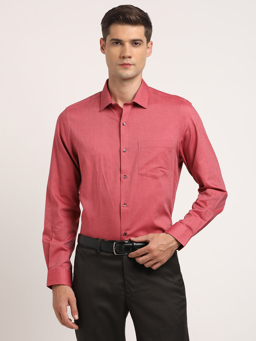 100% Cotton Brick Red Dobby Slim Fit Full Sleeve Formal Shirt