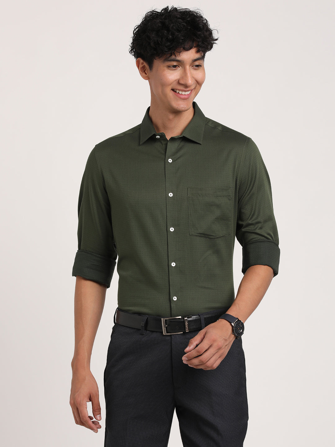 100% Cotton Green Dobby Slim Fit Full Sleeve Formal Shirt