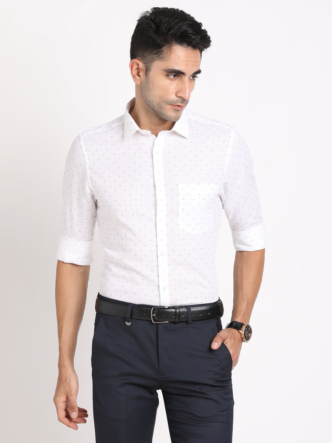 Cotton Linen White Printed Slim Fit Full Sleeve Formal Shirt