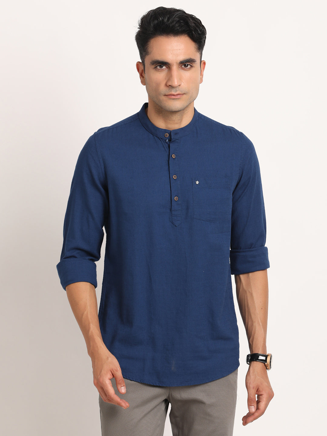 100% Cotton Navy Blue Plain Slim Fit Full Sleeve Casual Shirt