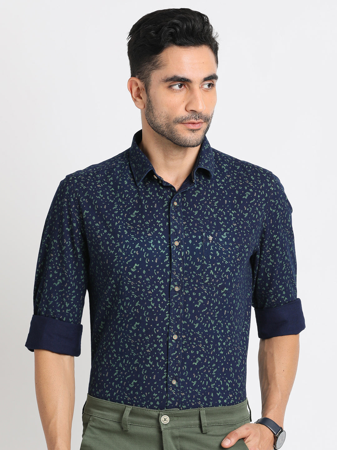 100% Cotton Indigo Navy Blue Printed Slim Fit Full Sleeve Casual Shirt