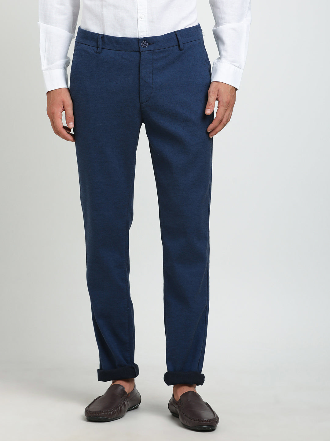 Cotton Stretch Blue Dobby Ultra Slim Fit Flat Front Casual Trouser