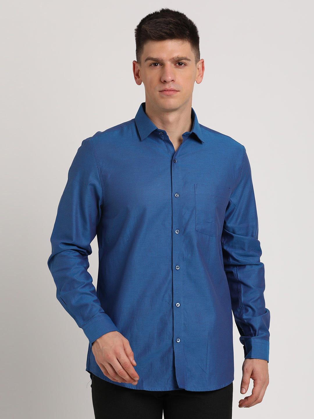 100% Cotton Blue Dobby Slim Fit Full Sleeve Formal Shirt