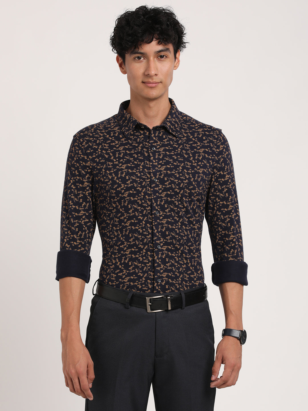 Turtle Men Navy Blue Knitted Printed Ultra Slim Fit Party Shirts
