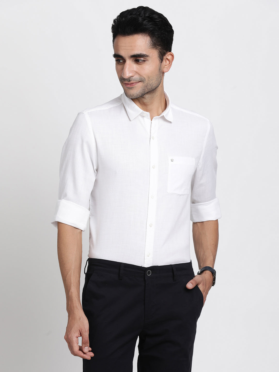 Cotton Lyocell White Plain Slim Fit Full Sleeve Casual Shirt