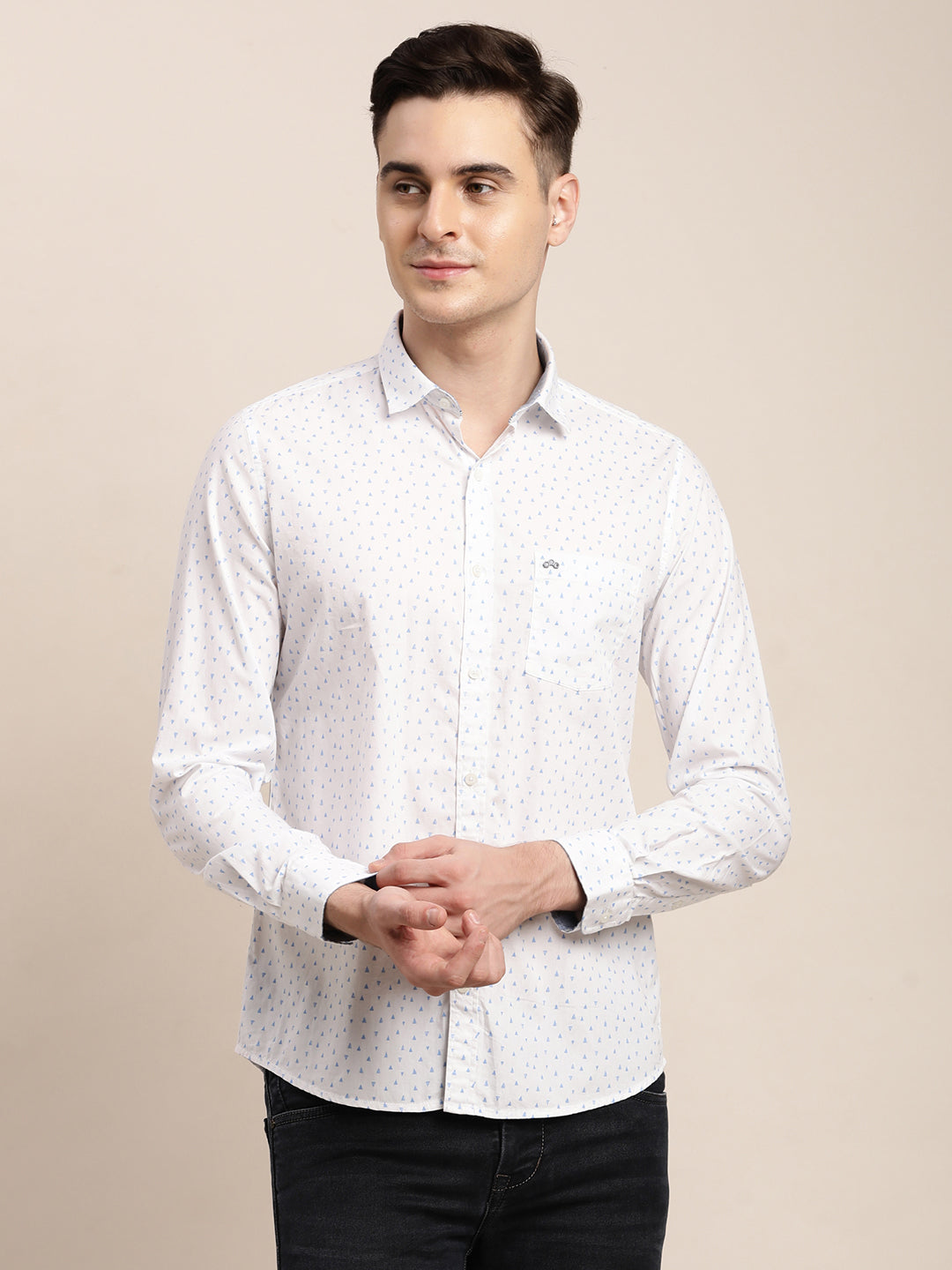 100% Cotton White Printed Slim Fit Full Sleeve Casual Shirt