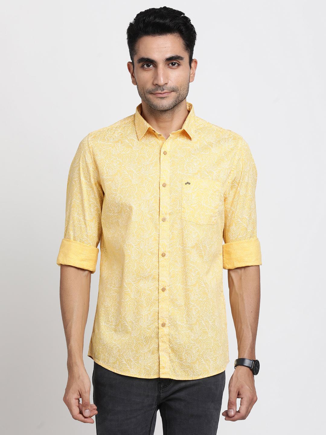 100% Cotton Yellow Printed Slim Fit Full Sleeve Casual Shirt