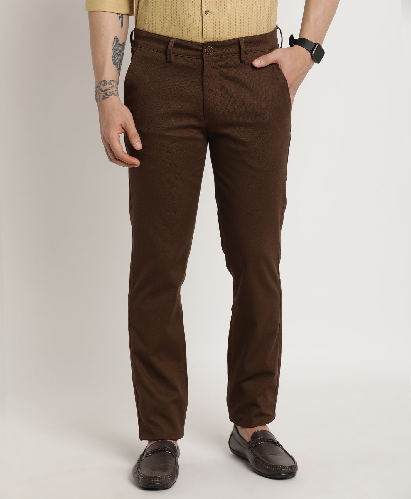 Cotton Stretch Brown Dobby Ultra Slim Fit Flat Front Casual Trouser