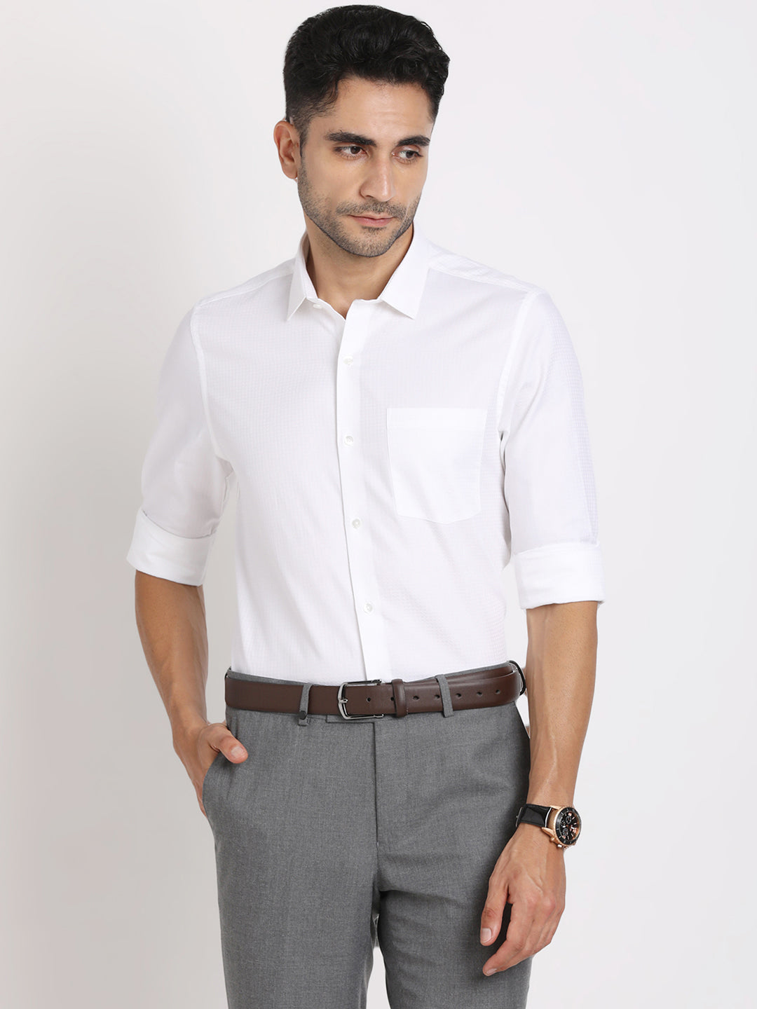 Giza Cotton White Dobby Slim Fit Full Sleeve Formal Shirt