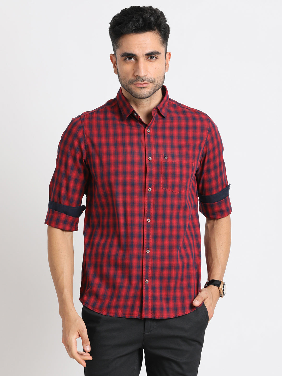 100% Cotton Red Checkered Slim Fit Full Sleeve Casual Shirt