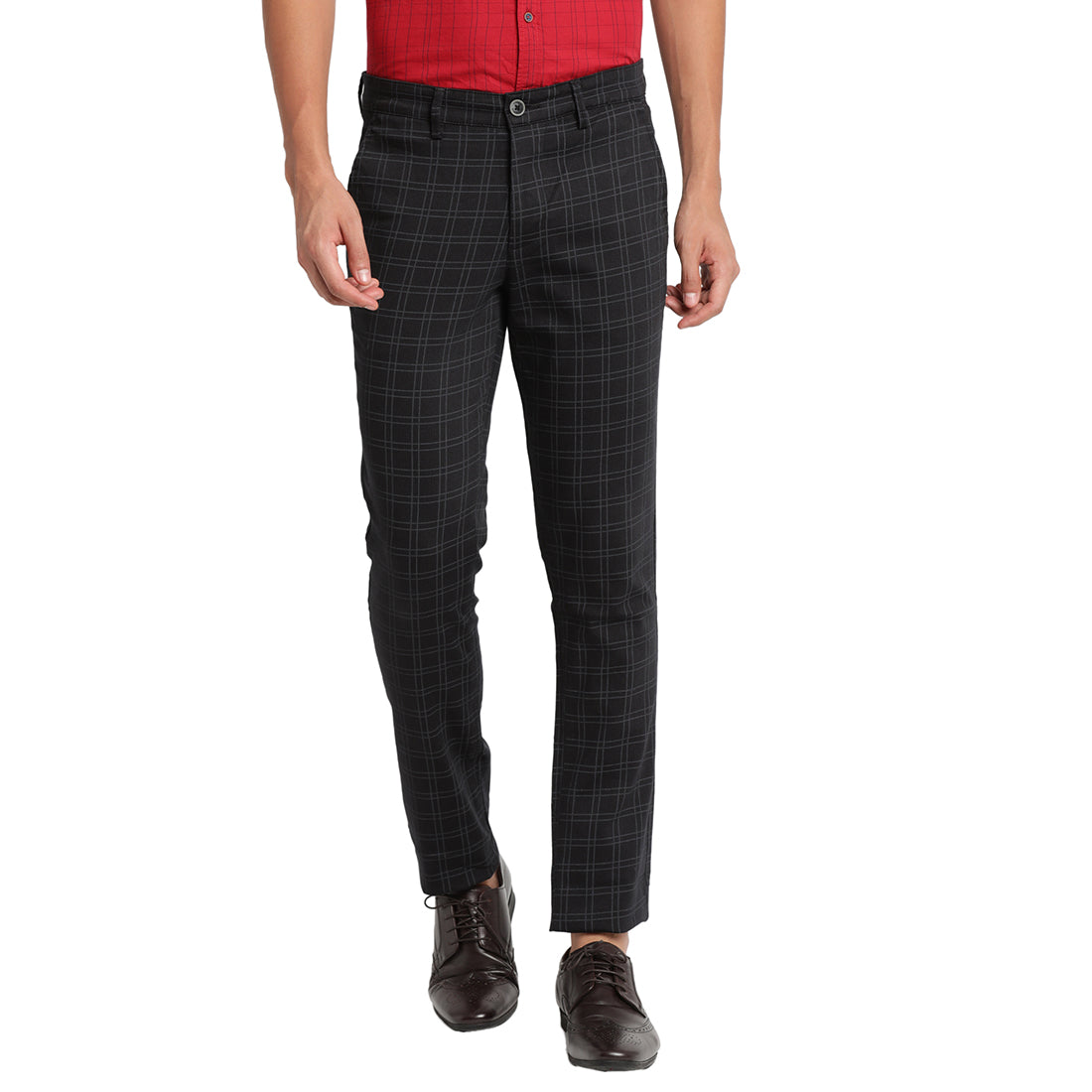 Turtle Men Black Narrow Fit Checked Casual Trousers