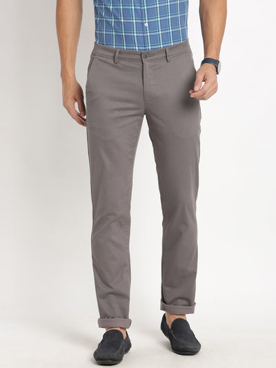 Cotton Stretch Grey Printed Narrow Fit Flat Front Casual Trouser
