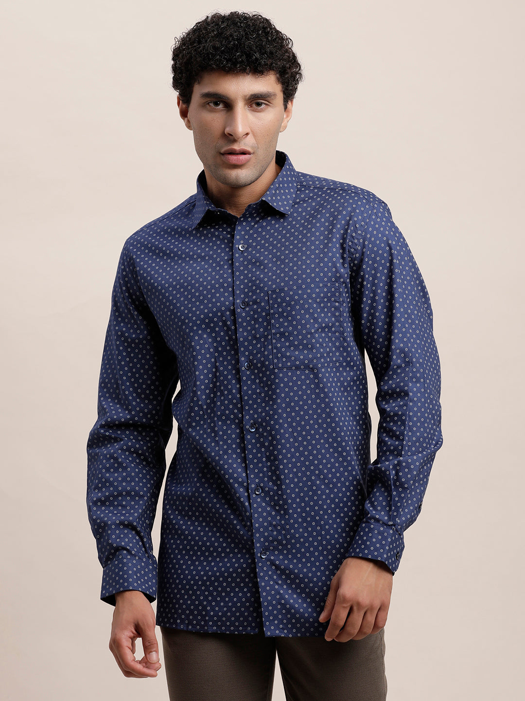 100% Cotton Blue Printed Regular Fit Full Sleeve Formal Shirt