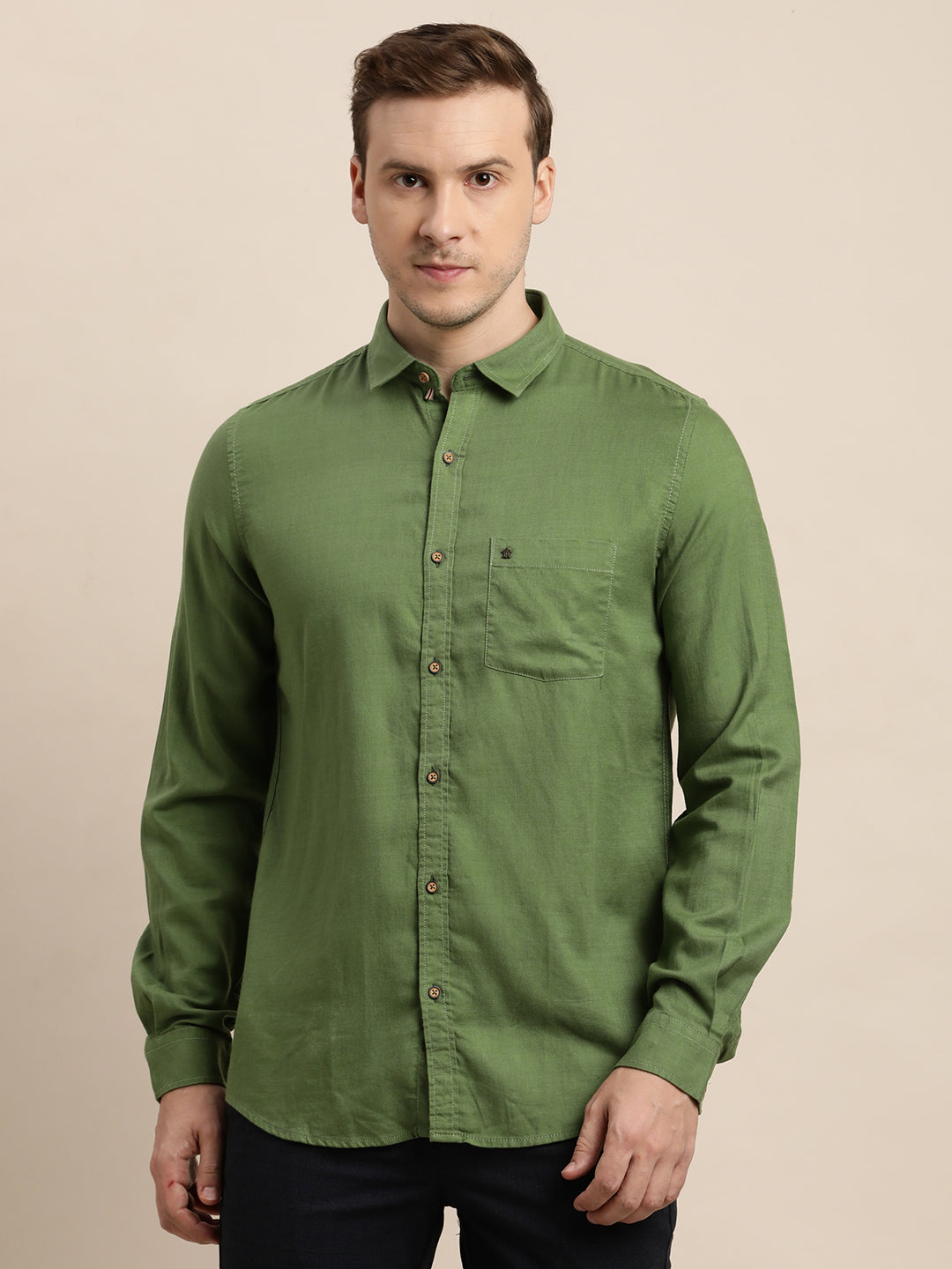 Cotton Lyocell Olive Plain Slim Fit Full Sleeve Casual Shirt