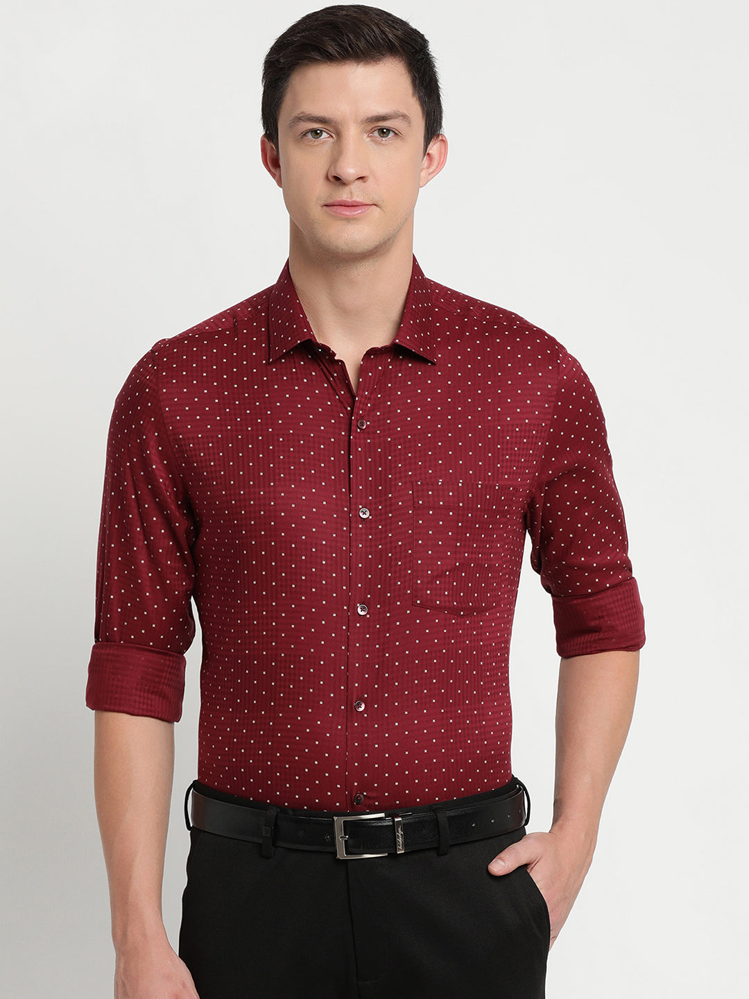 100% Cotton Maroon Printed Regular Fit Full Sleeve Formal Shirt