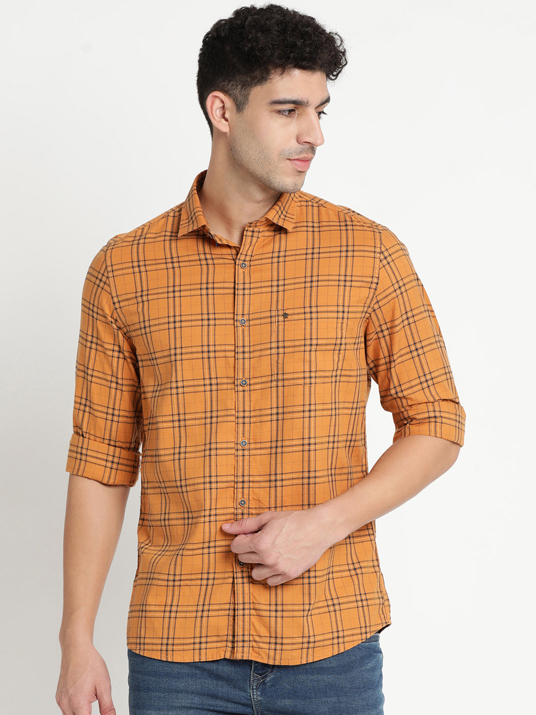 100% Cotton Orange Checkered Slim Fit Full Sleeve Casual Shirt