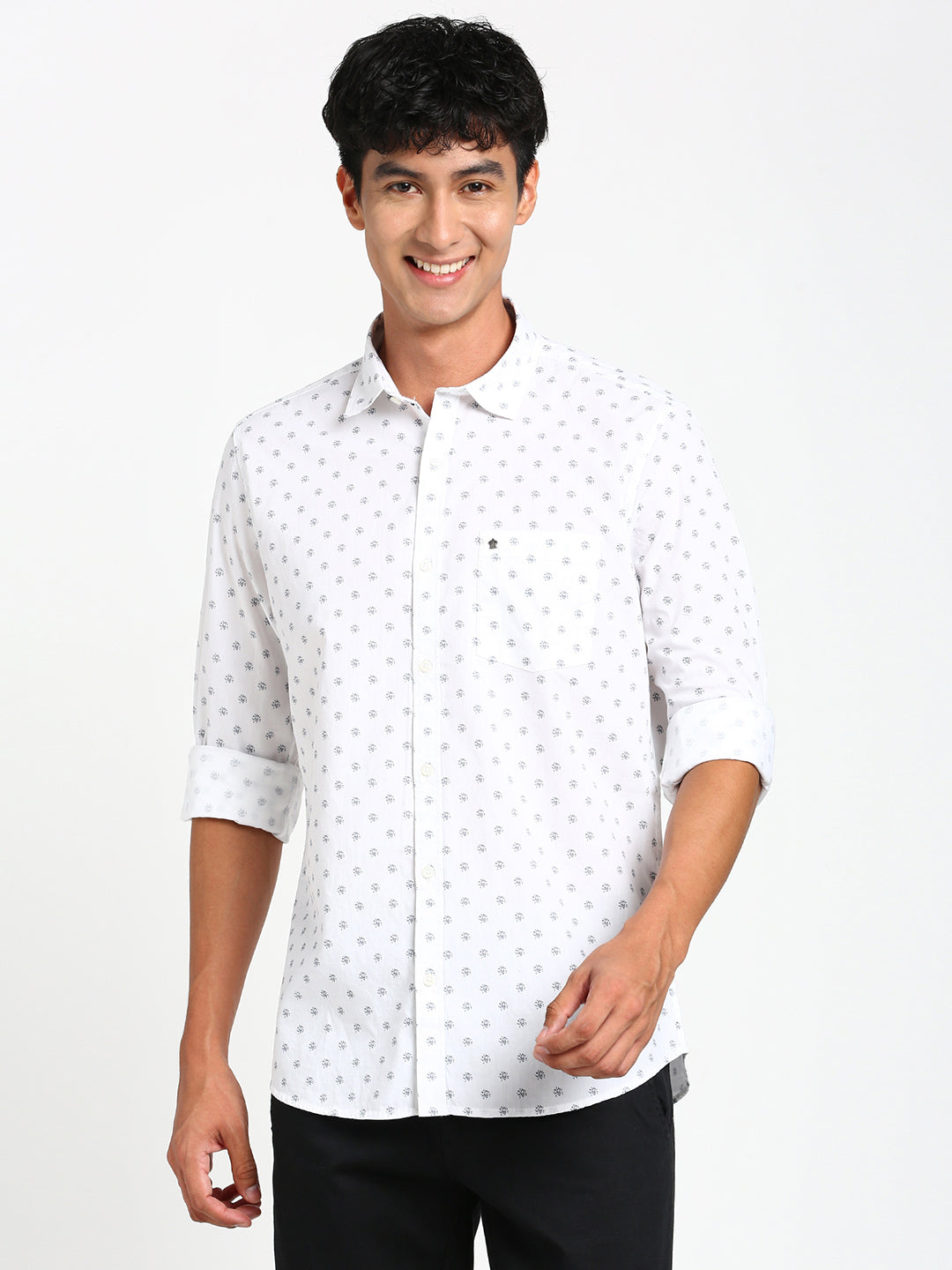 100% Cotton White Printed Slim Fit Full Sleeve Casual Shirt