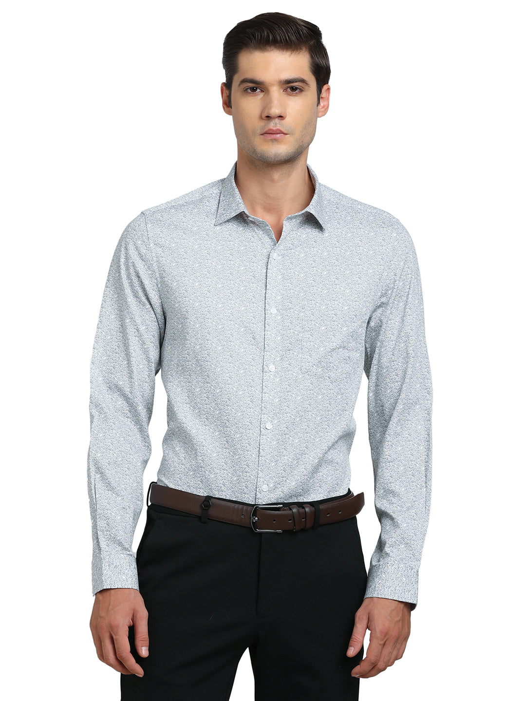 100% Cotton Grey Printed Slim Fit Full Sleeve Formal Shirt