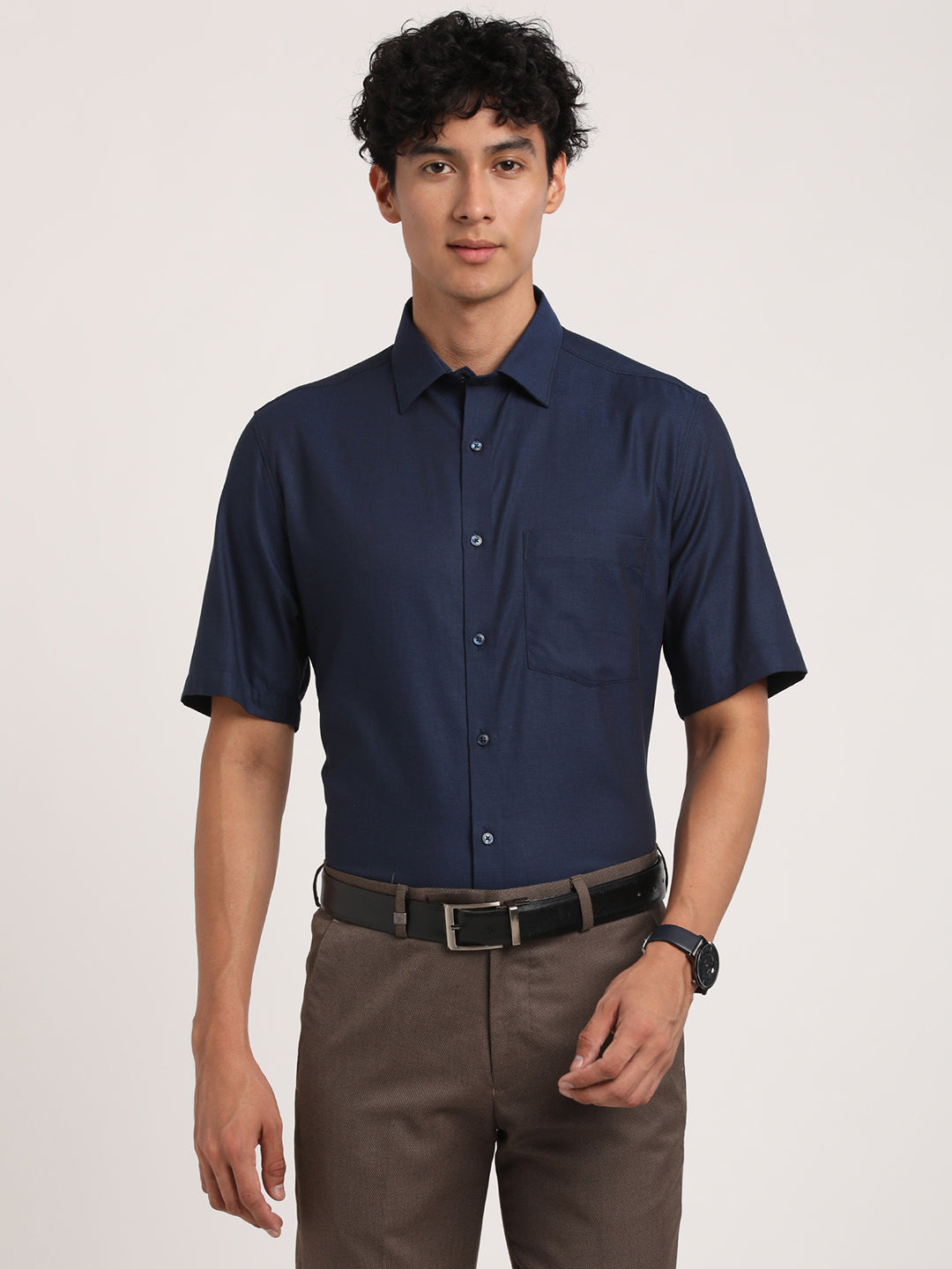 100% Cotton Navy Blue Dobby Regular Fit Half Sleeve Formal Shirt