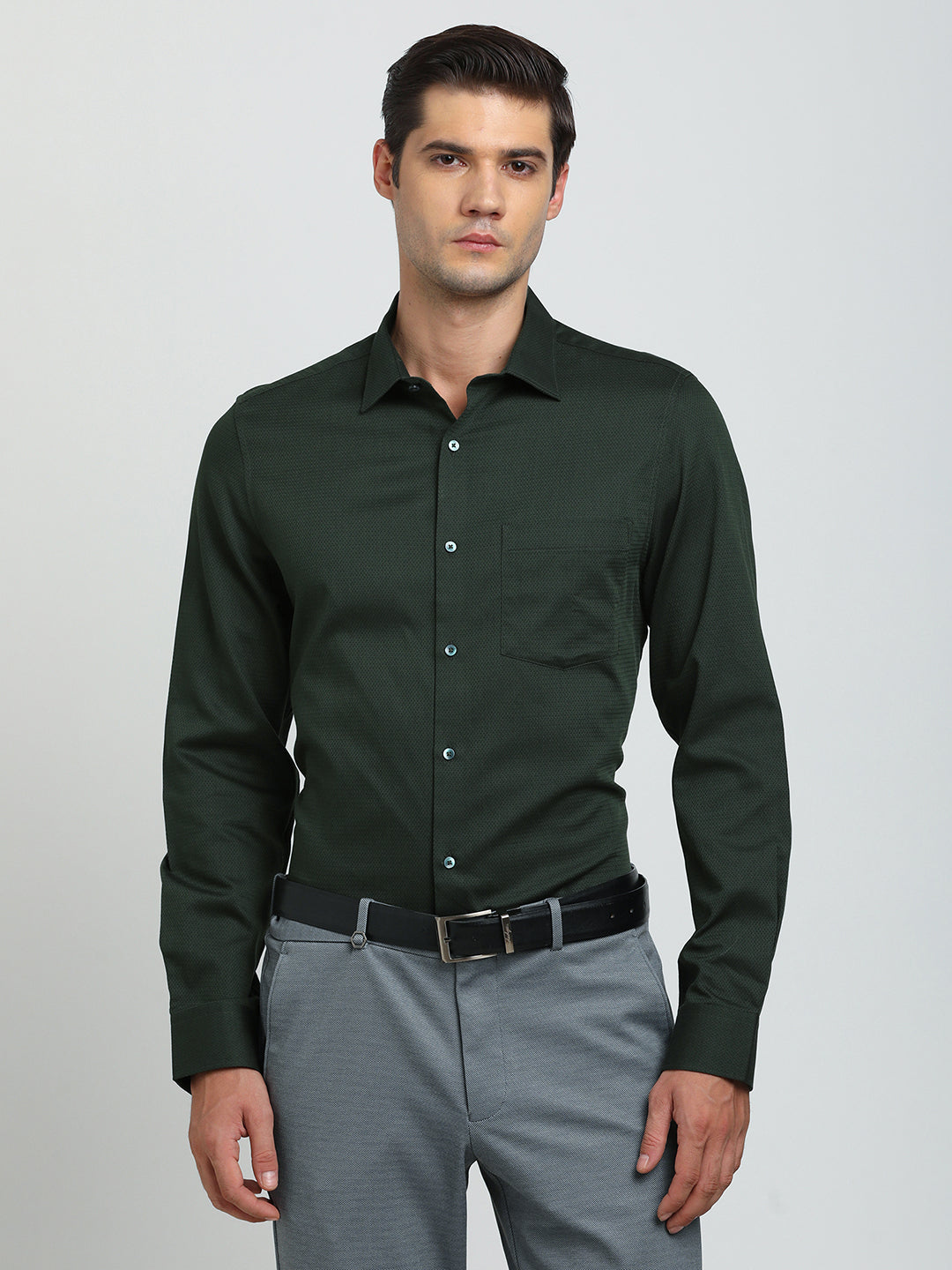 100% Cotton Green Dobby Slim Fit Full Sleeve Formal Shirt