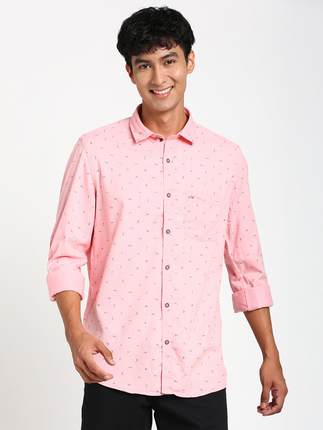 Cotton Tencel Peach Printed Slim Fit Full Sleeve Casual Shirt