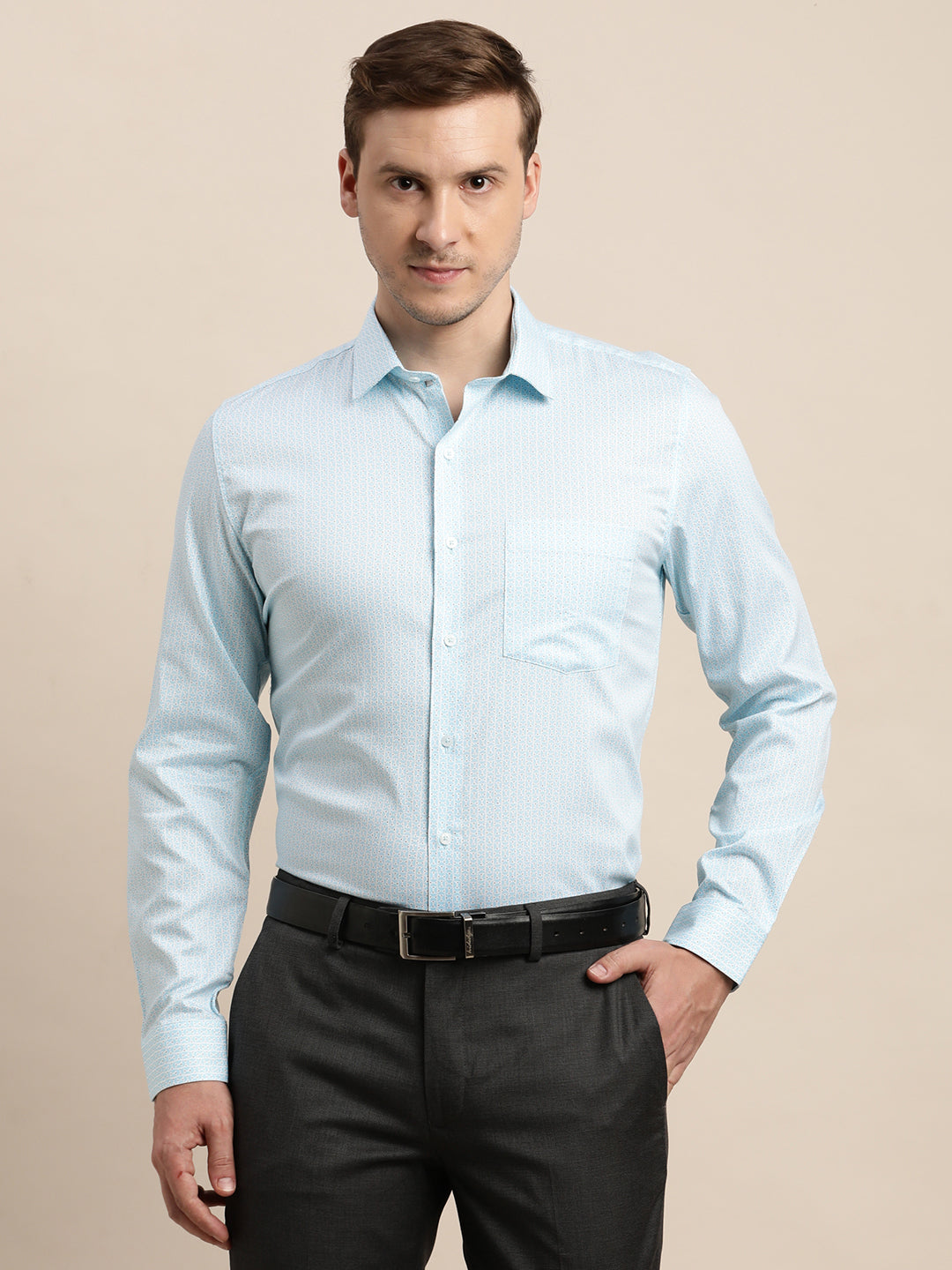 100% Cotton Light Blue Printed Slim Fit Full Sleeve Formal Shirt