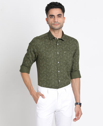 100% Cotton Olive Printed Slim Fit Full Sleeve Casual Shirt