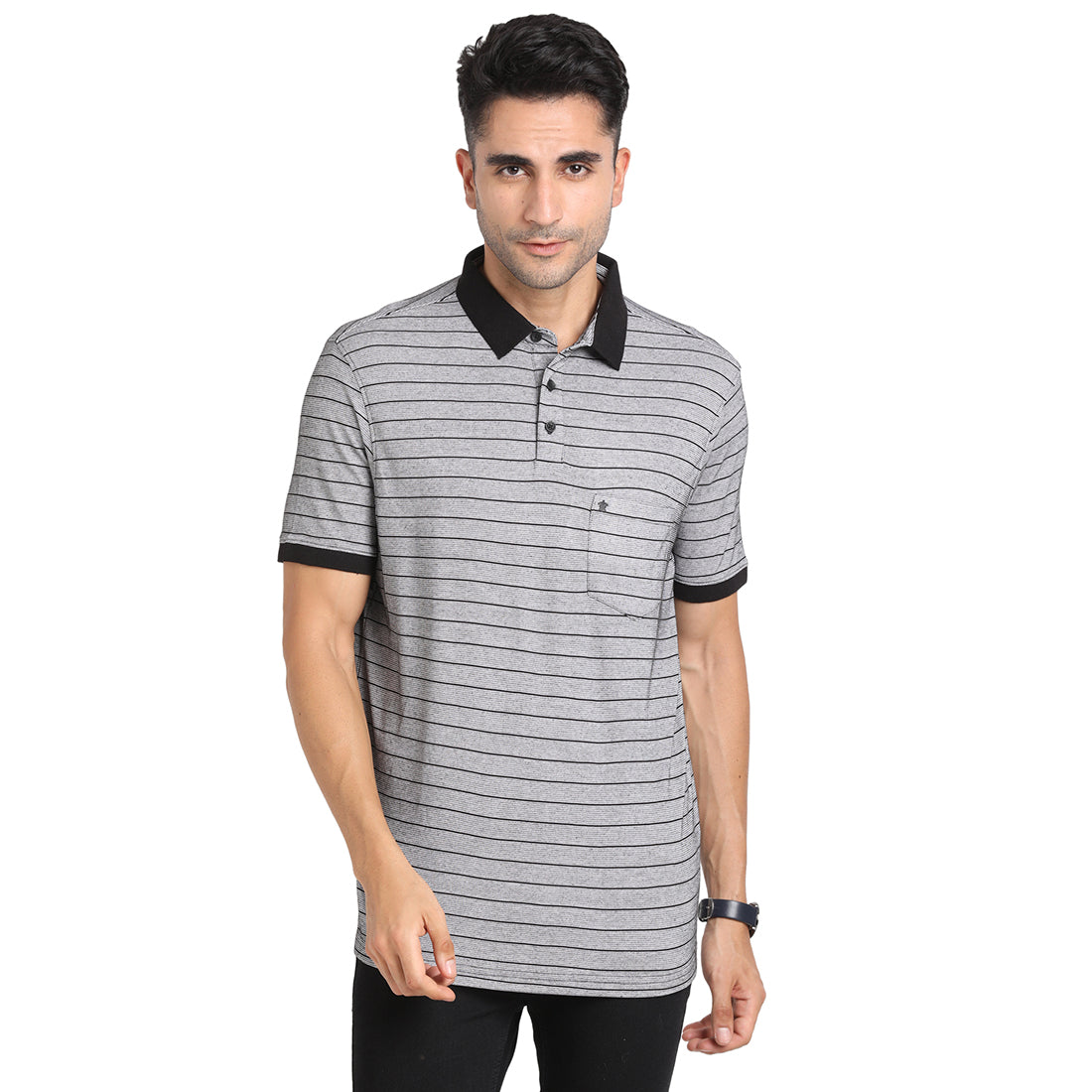 Knitted Grey Striped Polo Neck Half Sleeve Casual T-Shirt